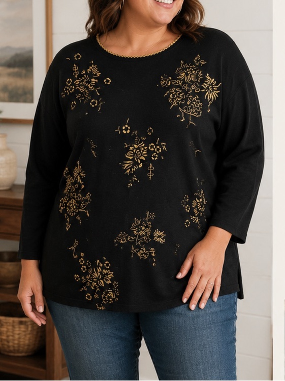 KWBL Signature Green Crewneck Sweater with Gold Floral Embroidery 1X